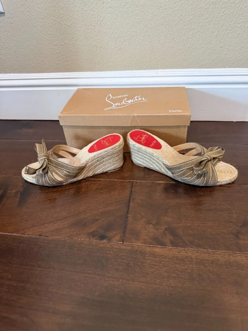 Christian Louboutin Tiburon Natural Strappy Wedge Heels Sandals Size 8